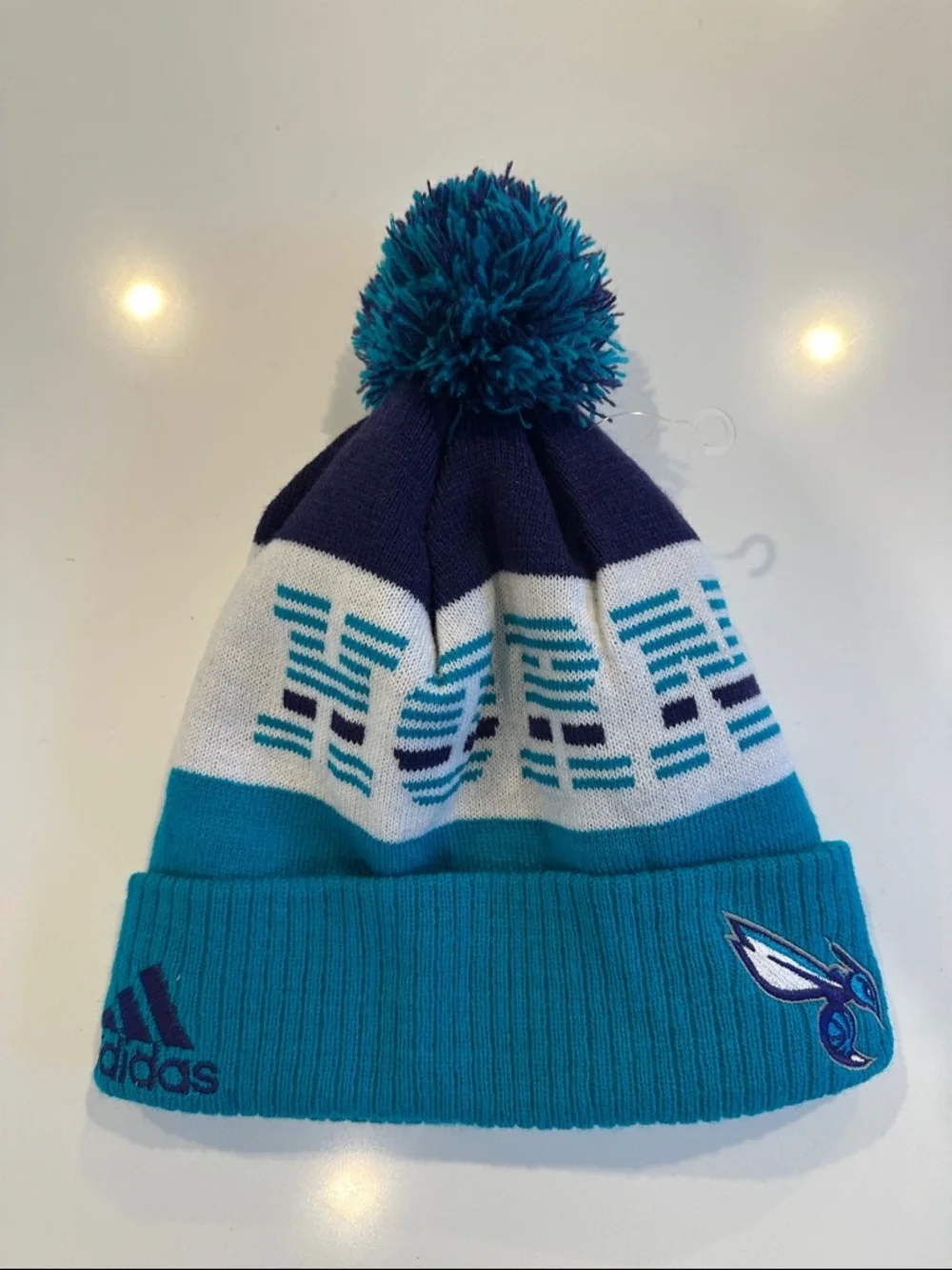 Adidas NBA Charlotte Hornets Beanie Knit Hat Teal White Navy Blue Pom Pom Cuffed
